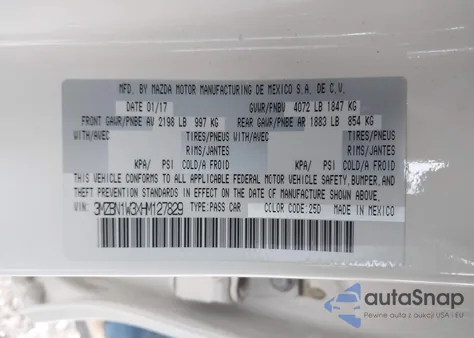 2017 Mazda 3 z USA, uszkodzony, nr VIN 3MZBN1W2XHM127829